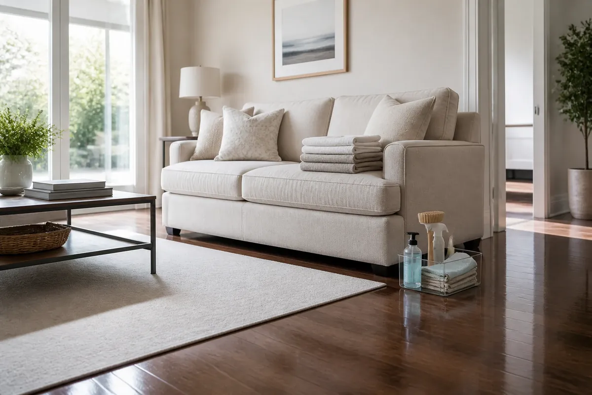 A bright, carefully cleaned living room with a cream sofa and fresh towels