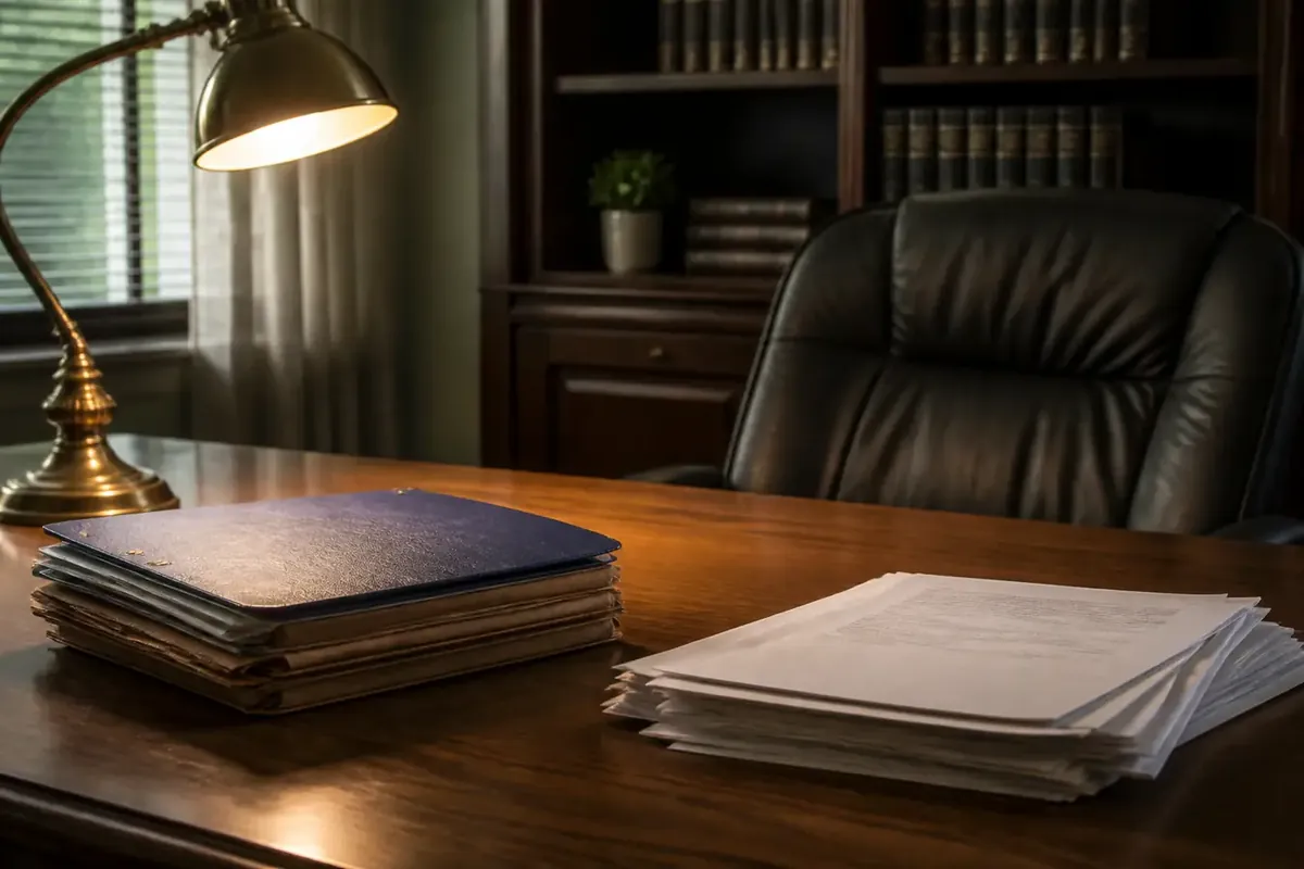 A thoughtfully arranged advisory office with books, a desk, and warm lighting