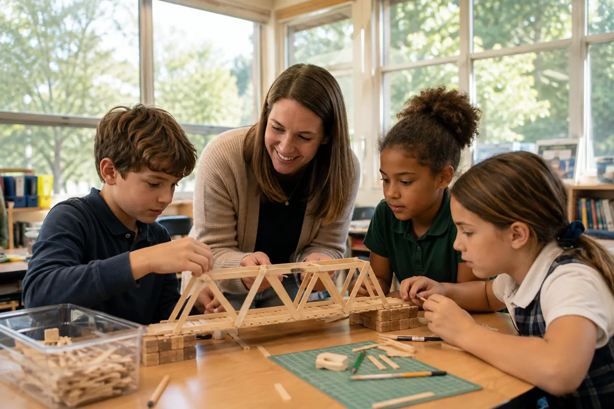 Illustrative school photography: a teacher and children explore a bridge-building project