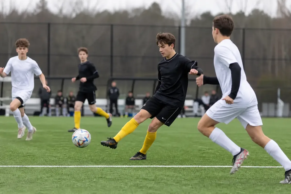 Young soccer players competing for the ball on a field