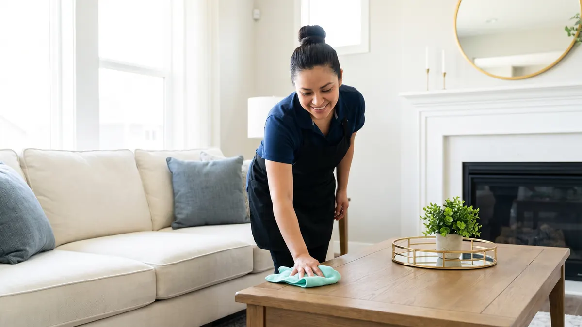 Residential cleaning crew in a bright kitchen